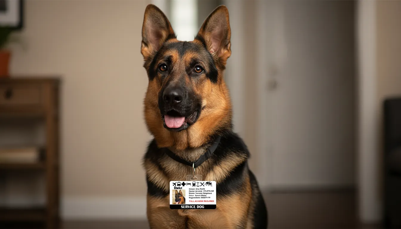 Durable ID card in white design, featuring text fields and a square photo of a Service dog.