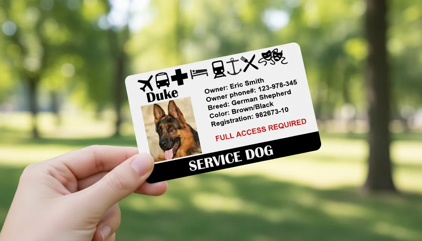 ID card template in white color design, featuring text fields and square photo of a Service dog.