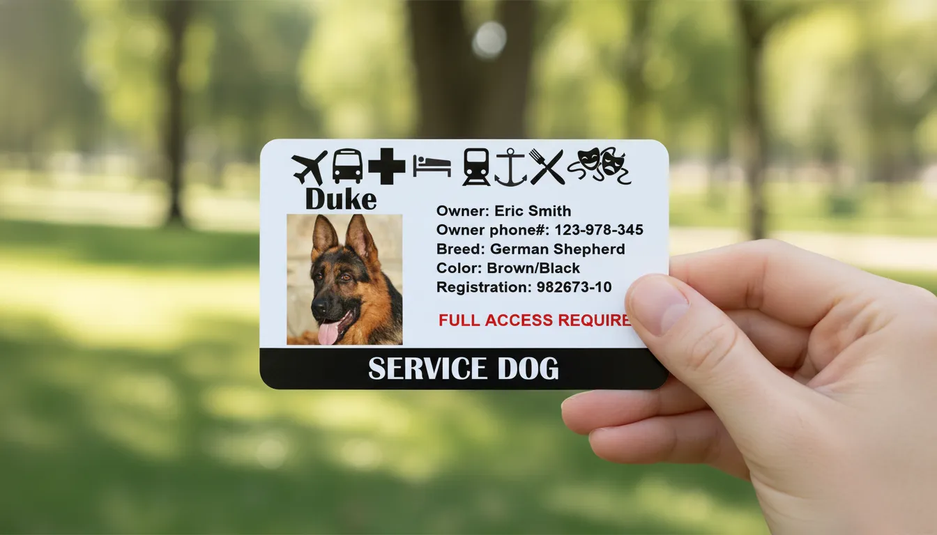 ID card template in white color scheme, featuring text fields and square photo of a Service dog.