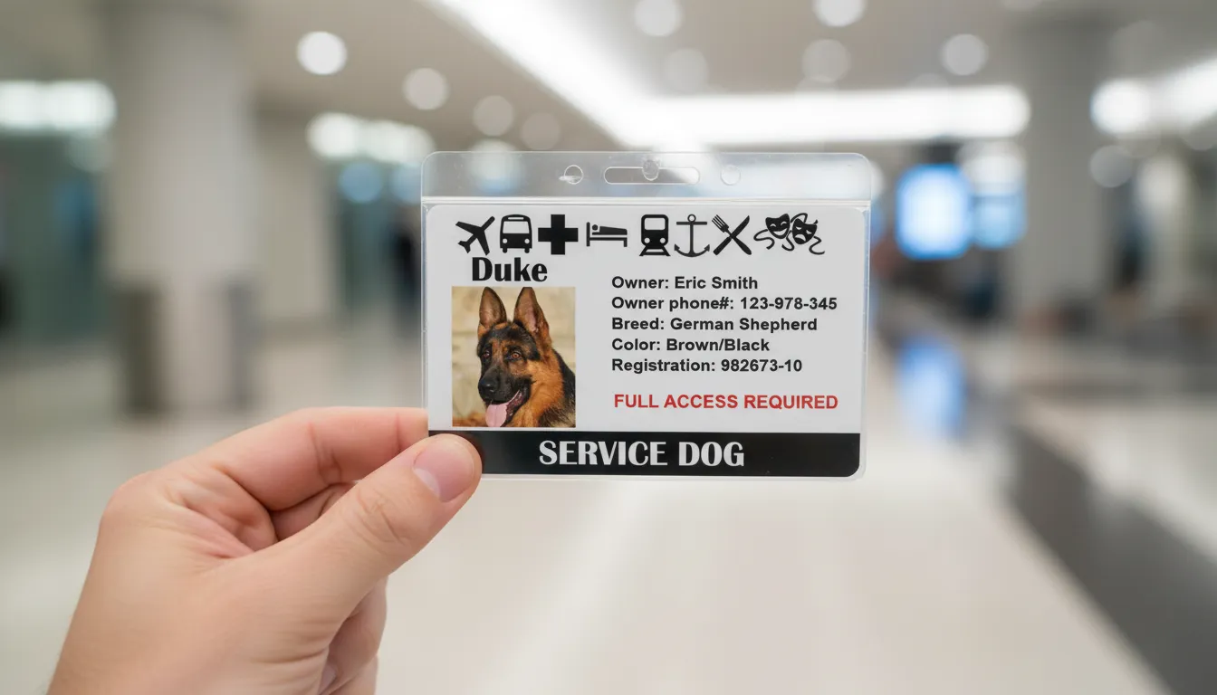 PVC Service dog ID card template in white design, featuring text fields and a square photo area.