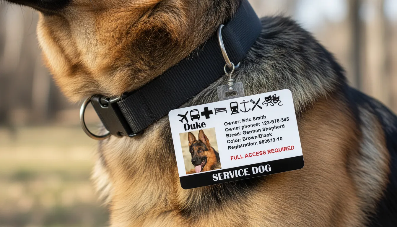 White ID card template with photo area, name of a Service dog, black barcode, and logo area.
