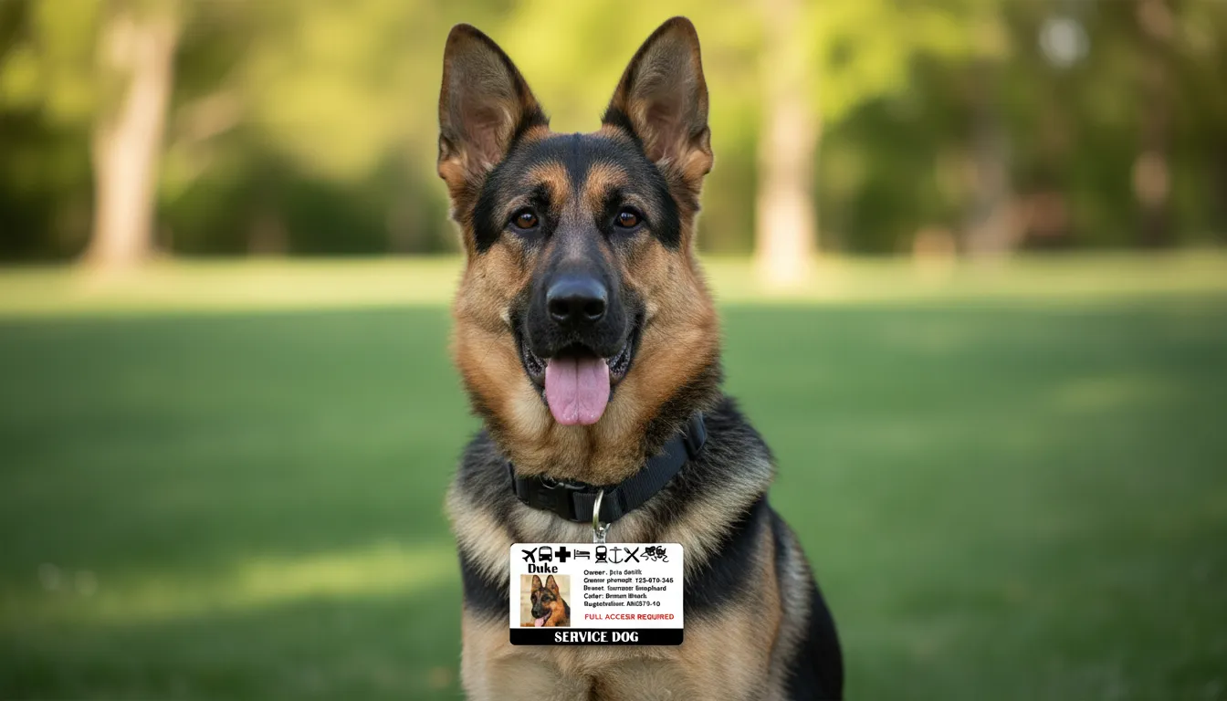 White ID card template with photo area, name of a Service dog owner and black barcode.