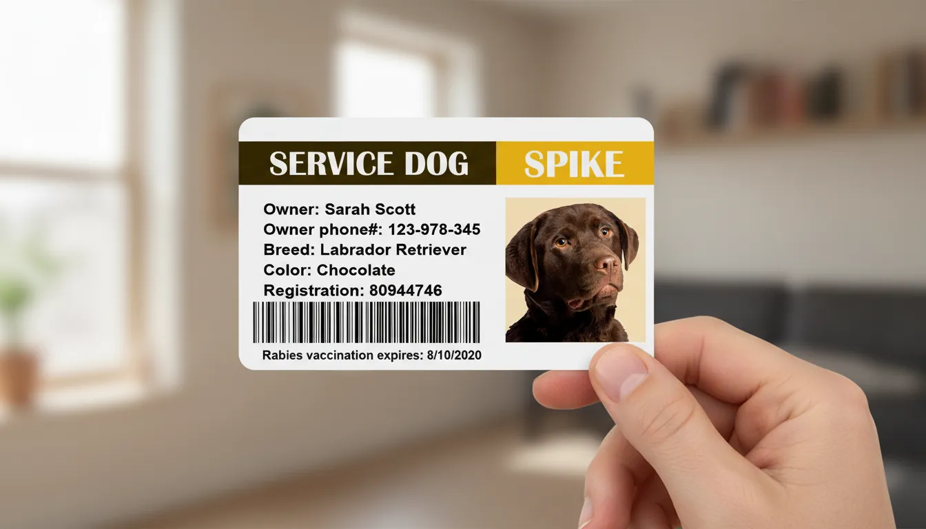 Blue and red ID card template with photo area and vaccination details of a Service dog.