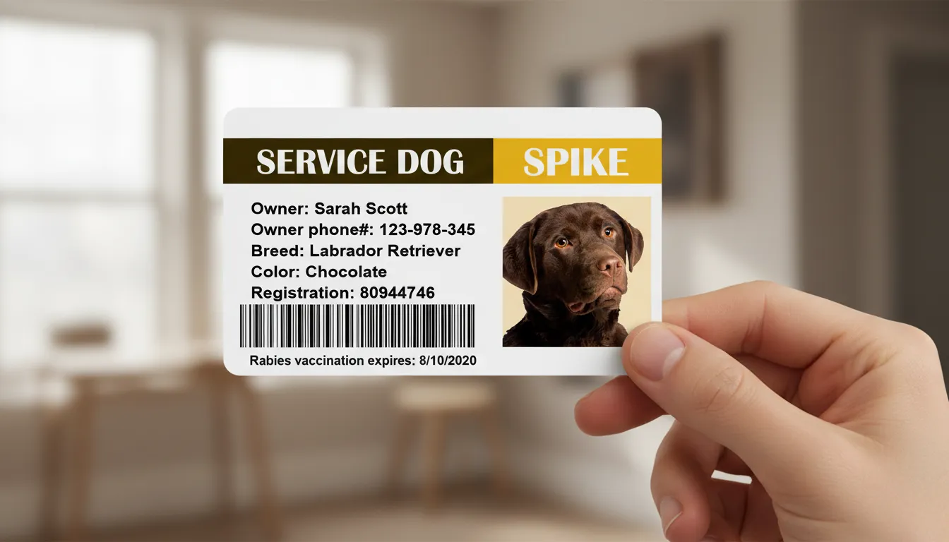 Blue and red ID card template with text fields, photo of Service dog and vaccination details.