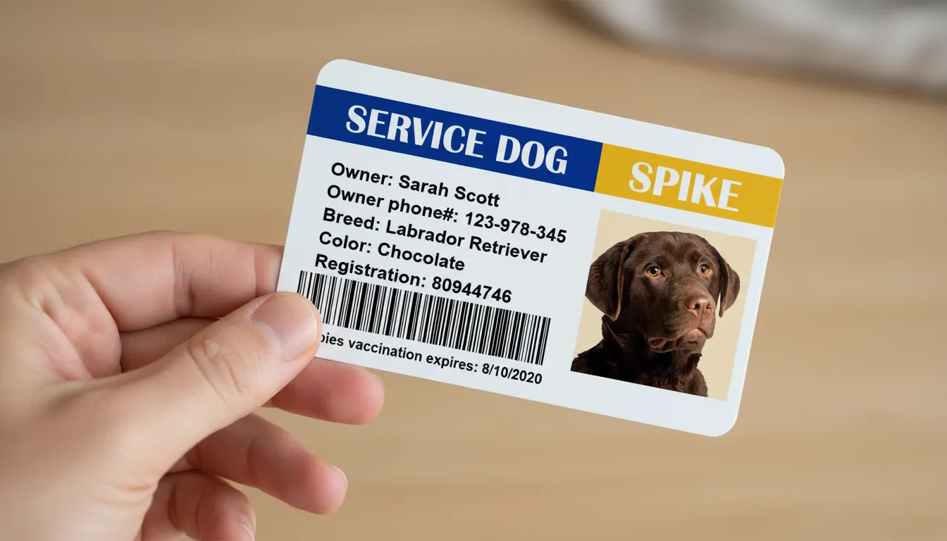 Blue and red PVC  ID card template with photo area and vaccination details of a Service dog.