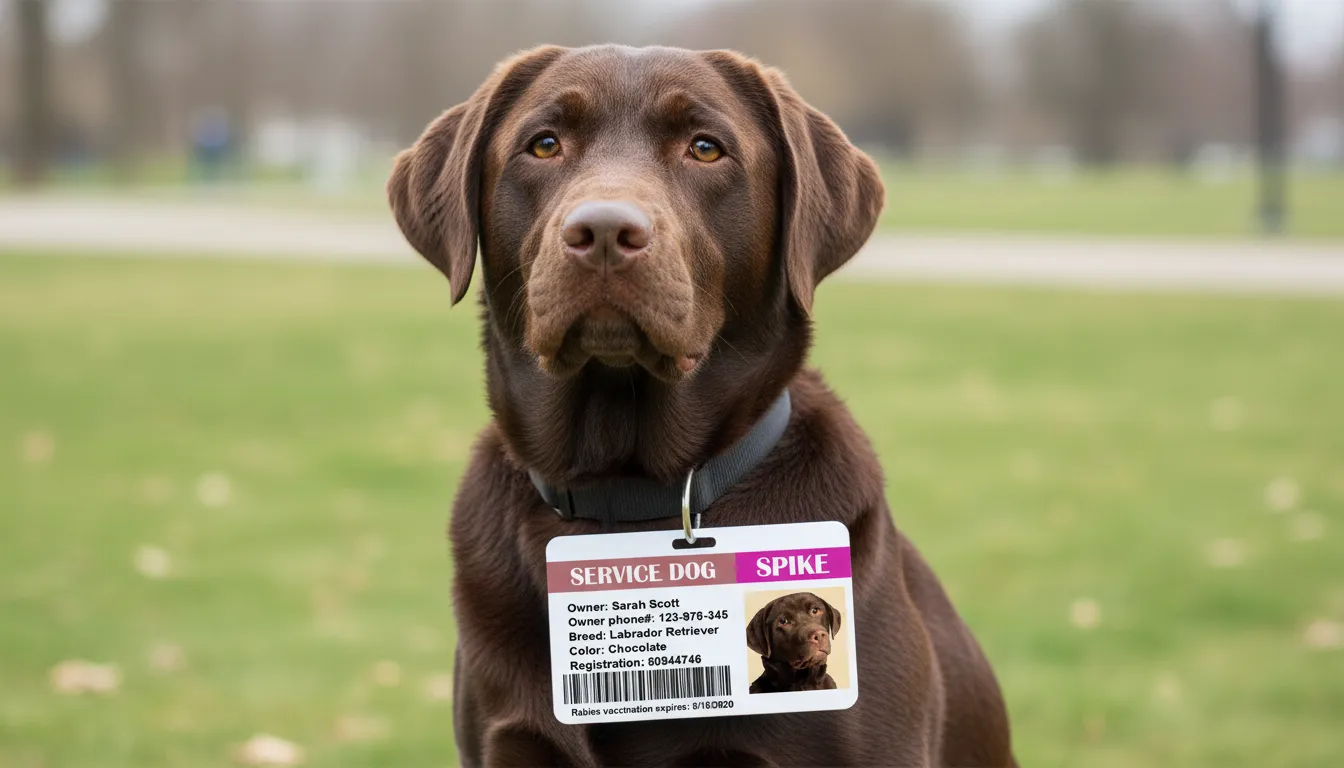 ID card with red and blue design, featuring photo of a Service dog and vaccination details.