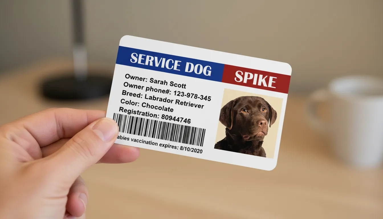 Service dog ID badge with blue and red design, featuring name and vaccination details.