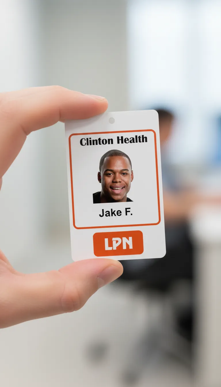 PVC ID badge with blue and white design, featuring text fields and a circular logo area.