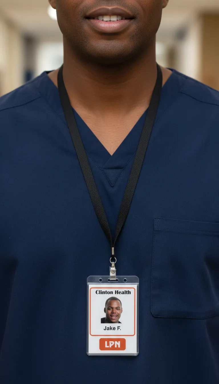 Custom ID badge template with blue and white color blocks, clear text fields, and logo space.