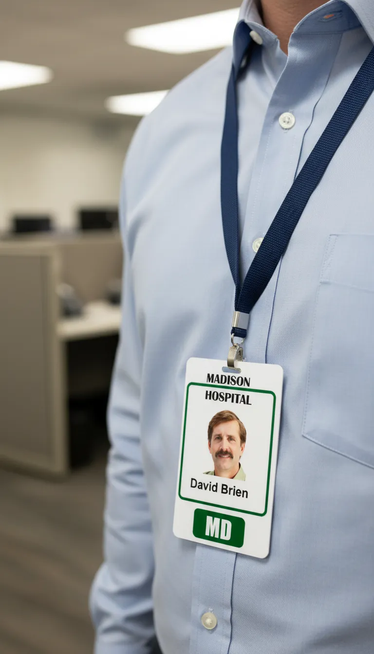 Custom ID card with blue and white design, featuring text fields and a circular logo area.