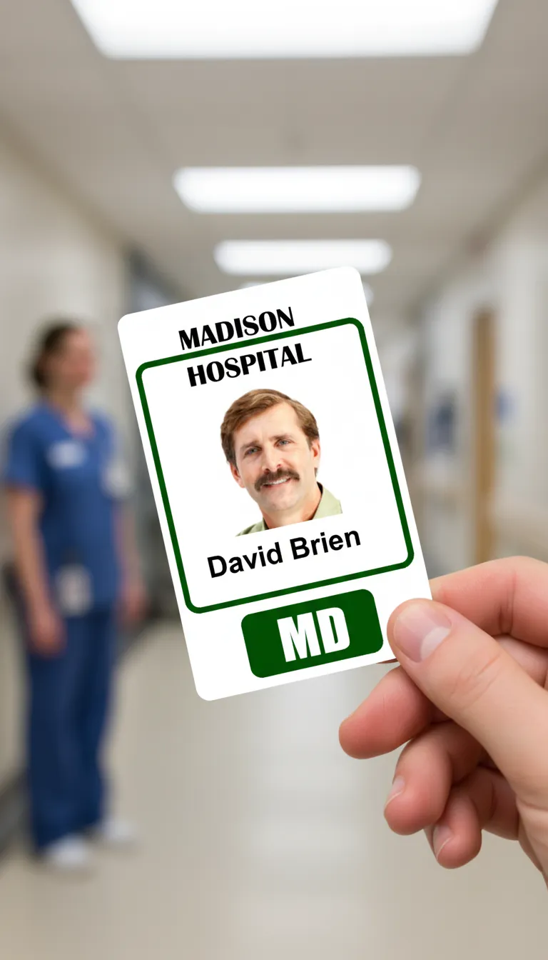 Orange and white ID card template with photo area, name, title, barcode, and company logo.