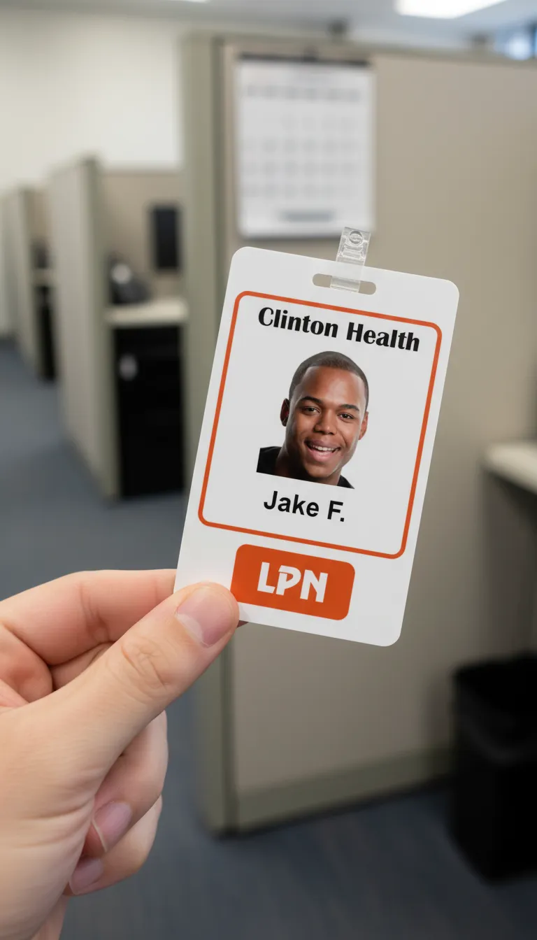 Orange and white id card with holographic overlay, featuring text fields and square photo area.