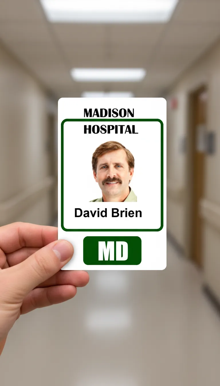 Professional ID badge with orange and white design, company logo, name, title, and barcode.