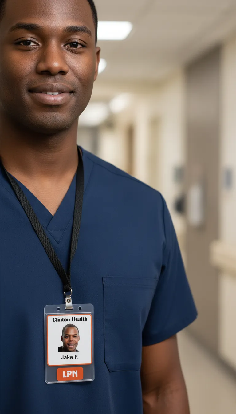 PVC ID card template with blue and white design, featuring text fields and a circular photo placeholder.