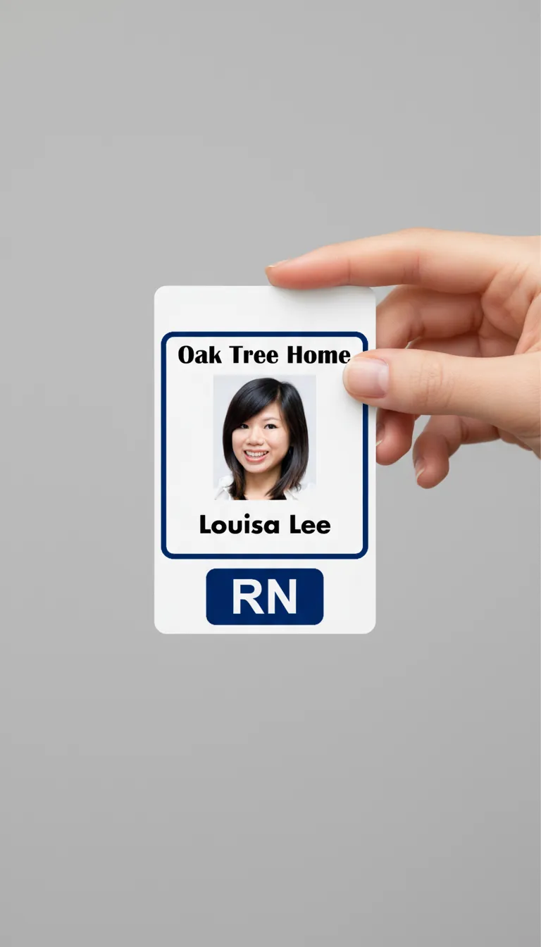 Custom ID badge template with orange and white color blocks, logo area, and text fields.