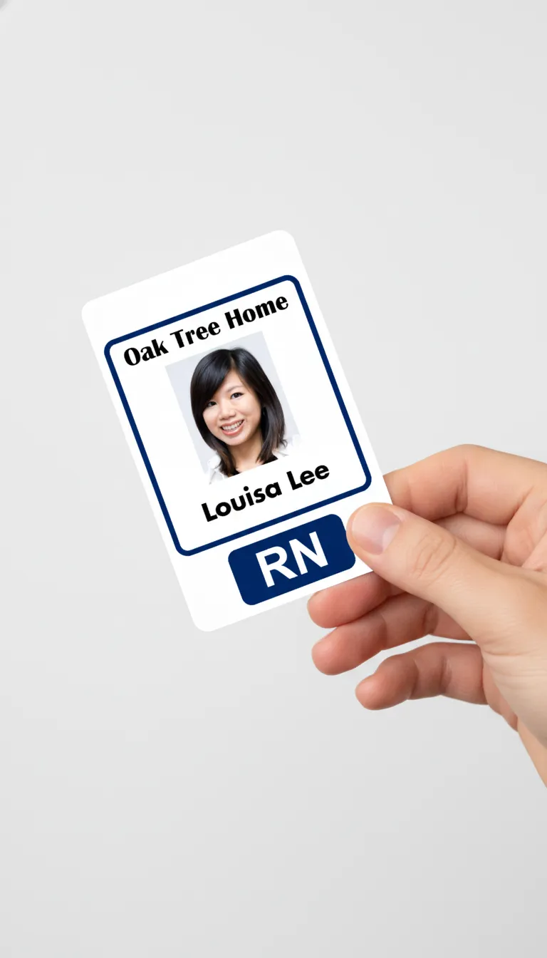 Custom ID badge with orange and white design, featuring logo area, name, title and barcode.