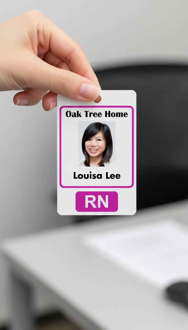 Orange and white id card with holographic overlay, featuring text fields and a square photo placeholder.