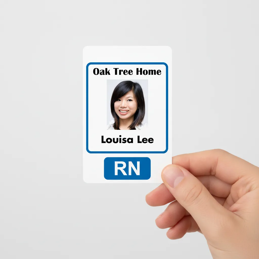 Orange and white id card with photo placeholder, name, title, barcode, and company logo.