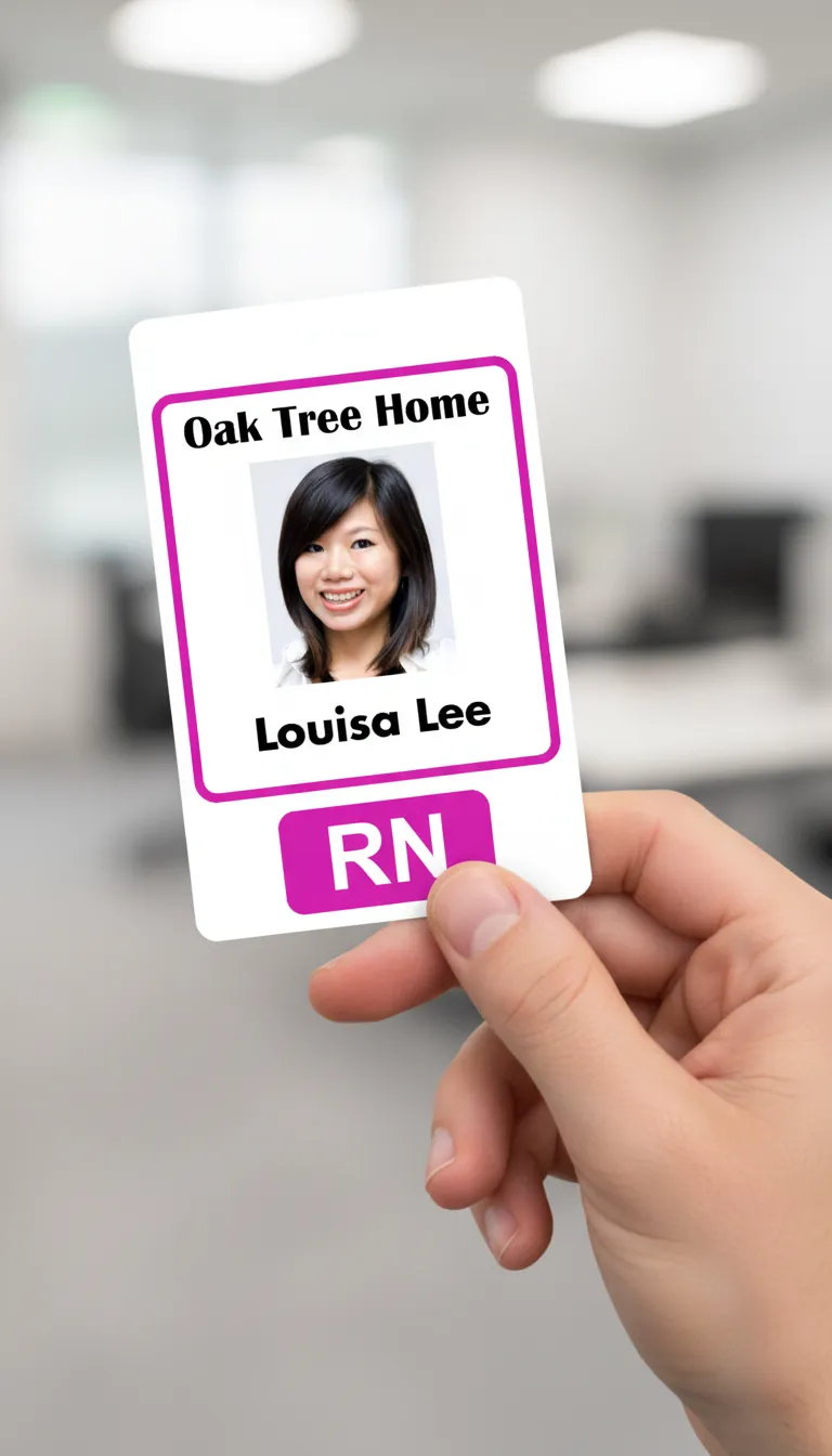 Professional ID badge with orange and white design, featuring name, title, barcode, and company logo.