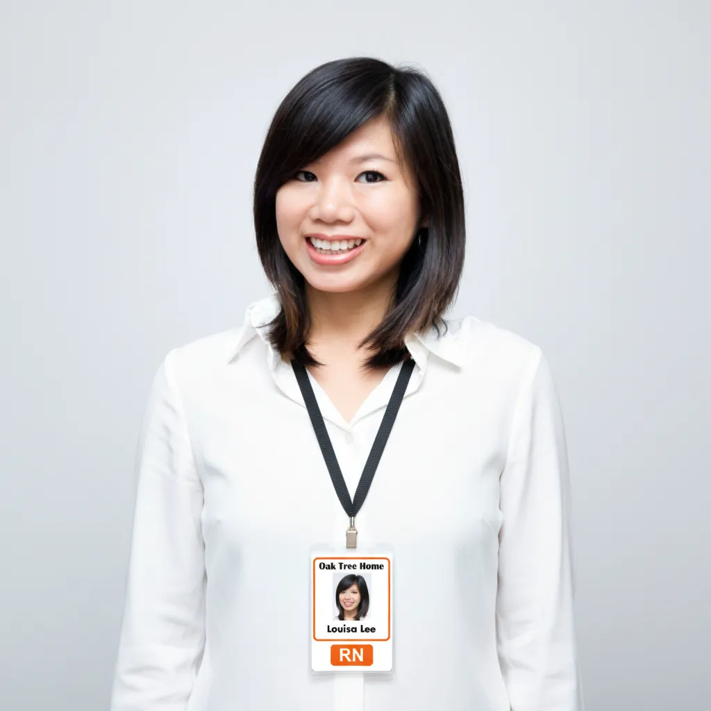 Professional ID card in orange and white design, company logo, name, and barcode visible.