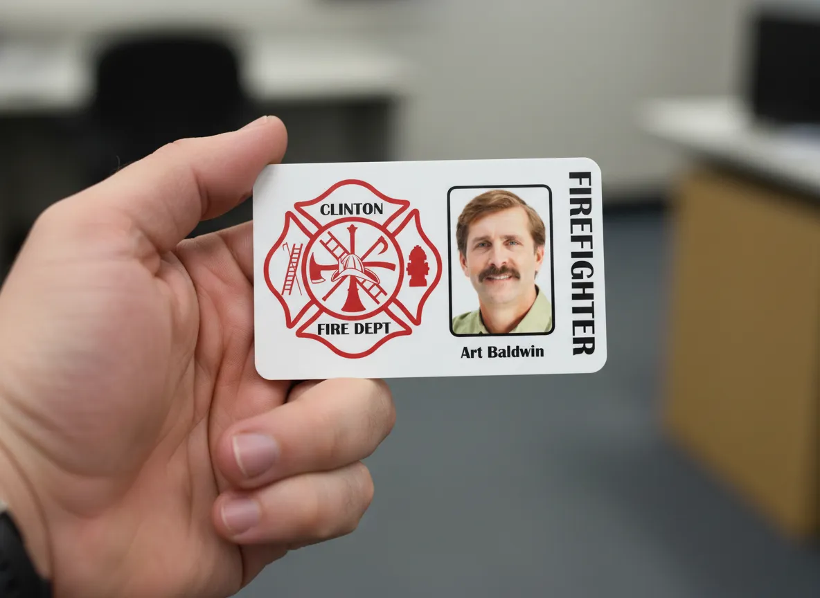 Firefighter custom ID card template in red and white colors, logo area, and text fields.