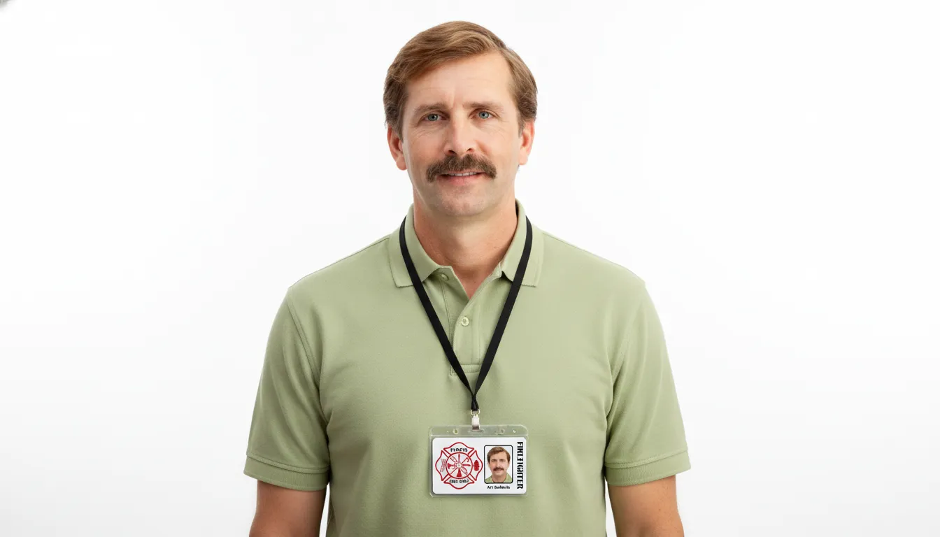 Firefighter ID card template with photo area, name, title and company logo.