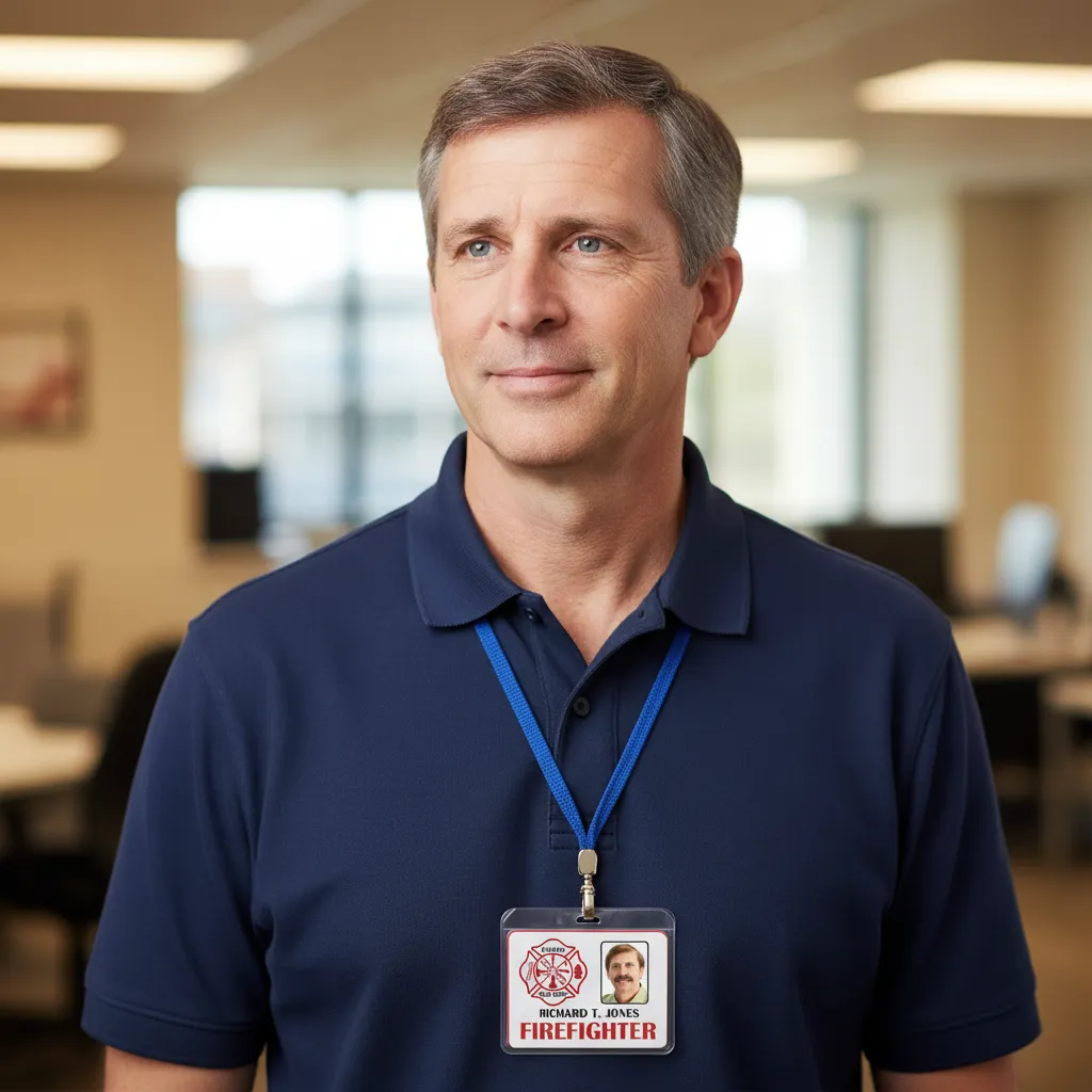 Firefighter ID card template with photo area, name, title and round company logo.