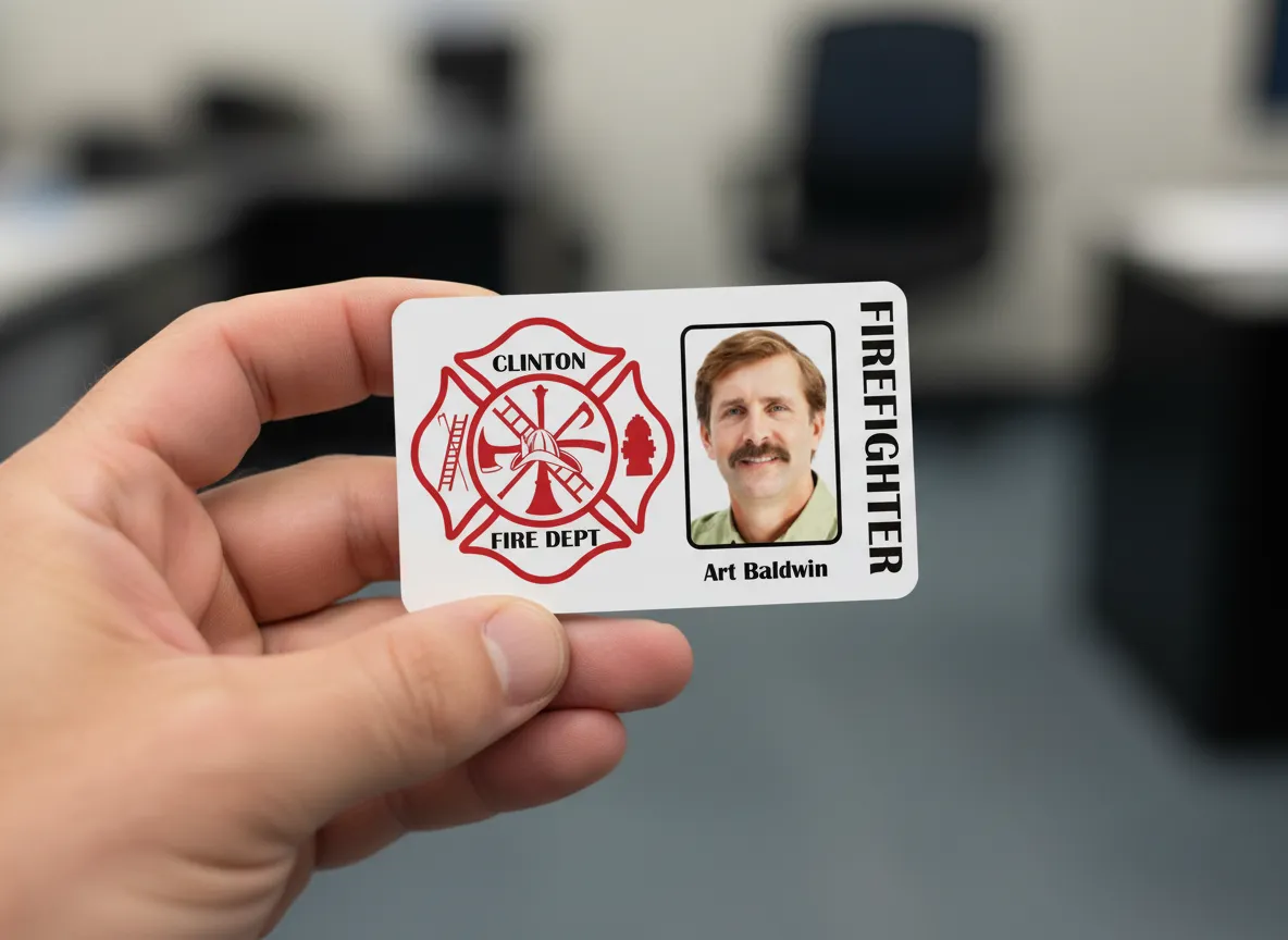 Firefighter ID card with holographic overlay, red and white design, featuring text fields.