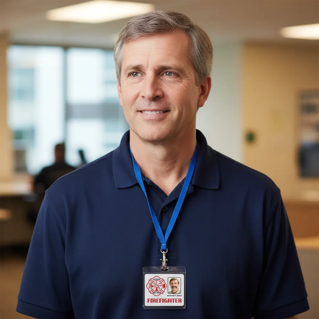 Firefighter professional ID badge with red and white design, company logo, name and title.