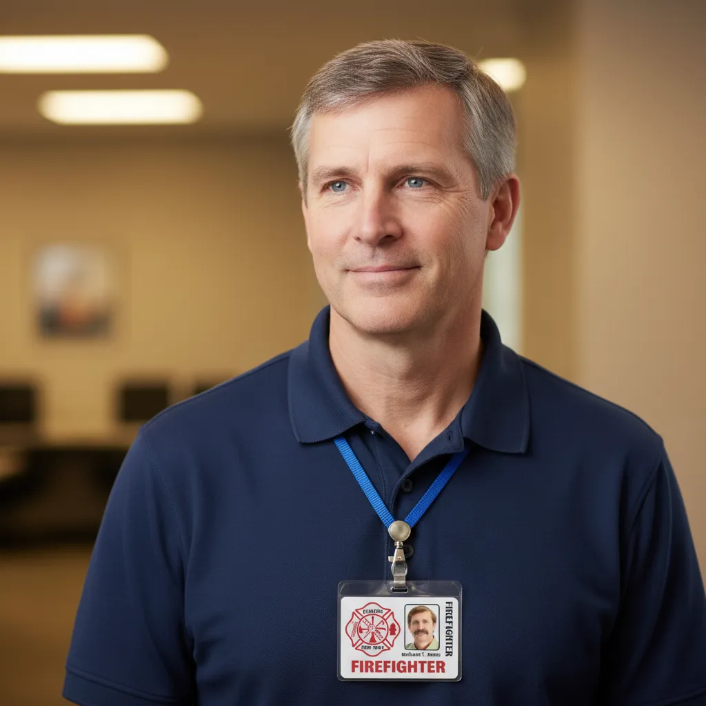 Firefighter PVC ID badge template in red and white colors, featuring text fields and logo area.