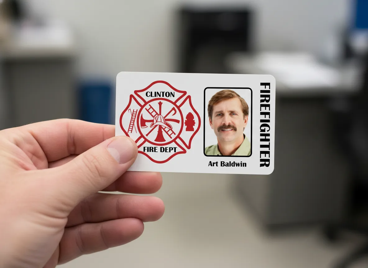 Firefighter PVC ID badge template with red and white color blocks, featuring text fields and logo area.