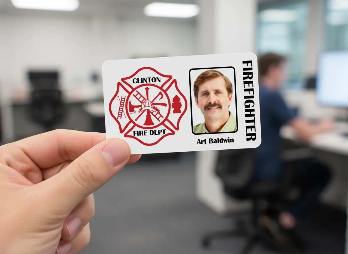Firefighter PVC ID badge template with red and white color blocks, logo area, and text fields.