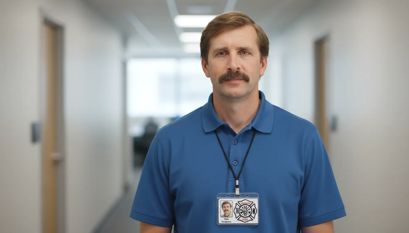 Custom ID badge in white design, company logo, name, title, and barcode.