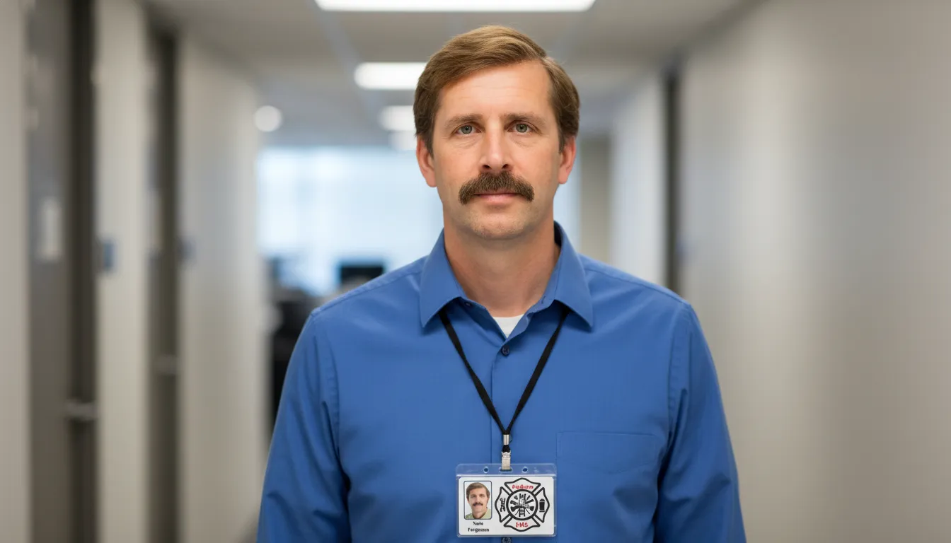 Custom ID card in white design, logo area, name, title, barcode, and contact details.