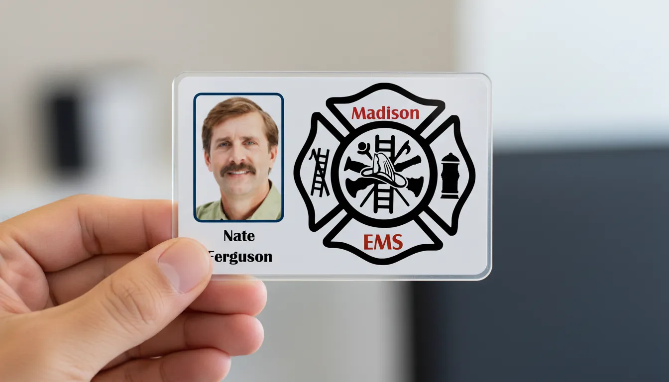 ID card with holographic overlay, white design, featuring text fields and barcode.