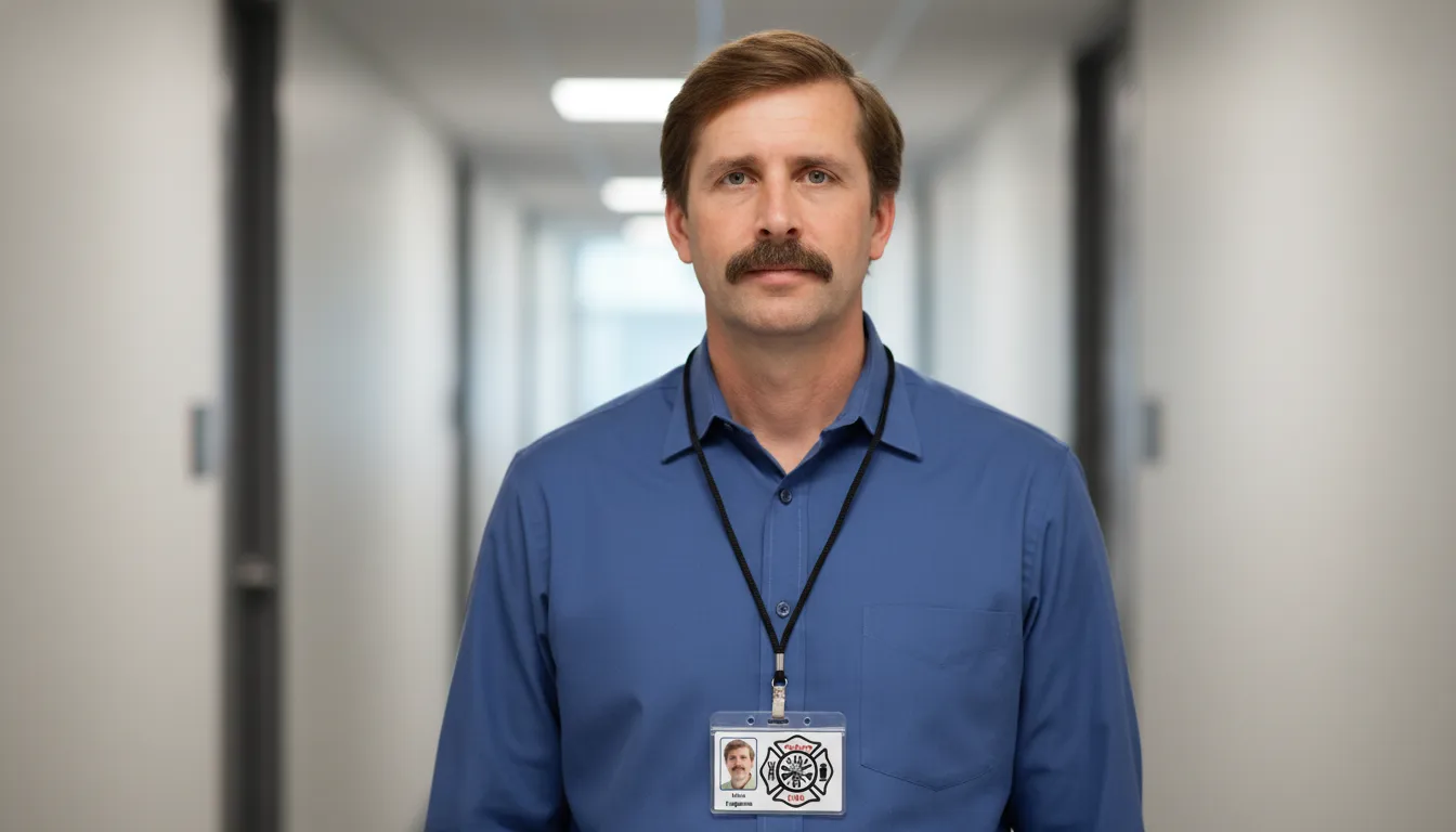 Professional ID badge with white design, featuring logo, name, title, and barcode.