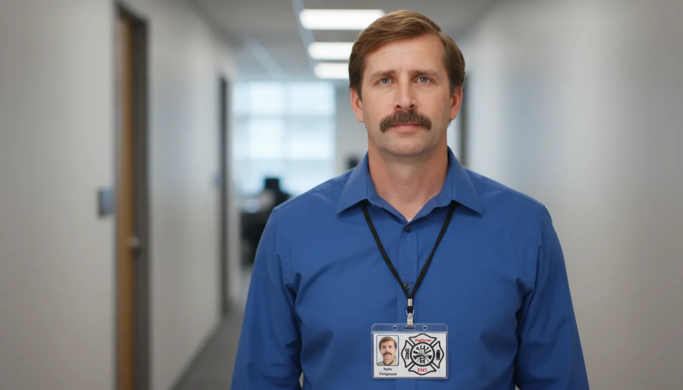 Professional ID card with white design, logo area, name, title, and barcode.