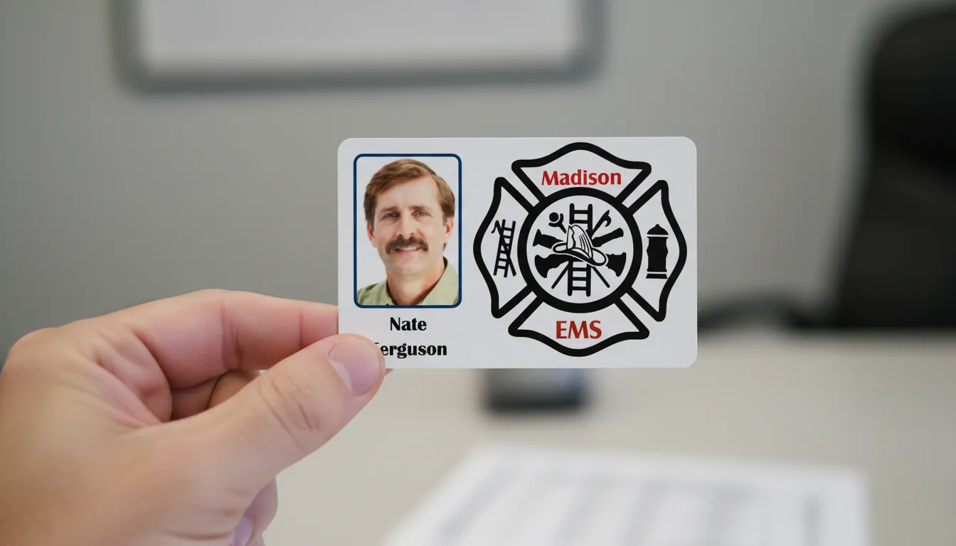 PVC ID badge template with white color blocks, logo area, and text fields.