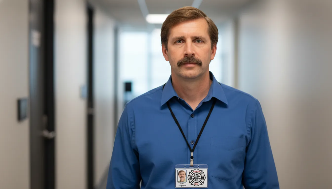 White ID card template with photo area, name, title, barcode, and company logo.