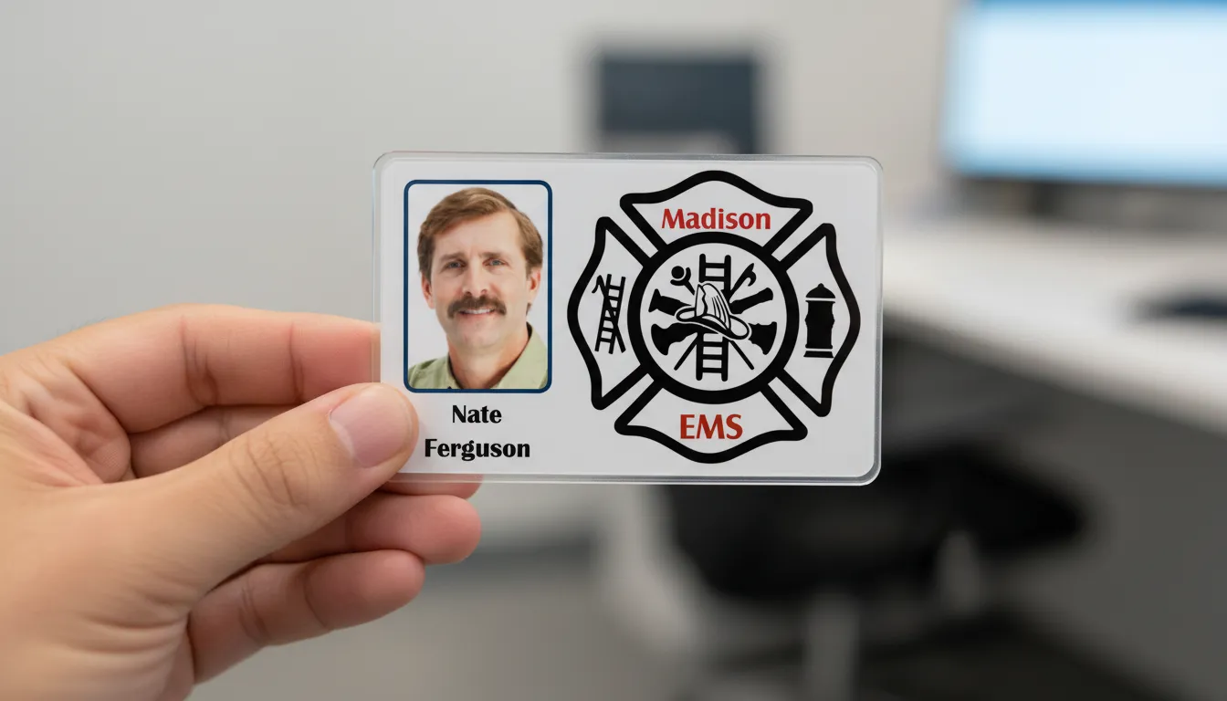 White id card with holographic overlay, featuring text fields and a circular photo area.