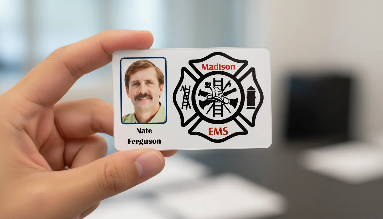 White id card with photo placeholder, name, title, barcode, and company logo.