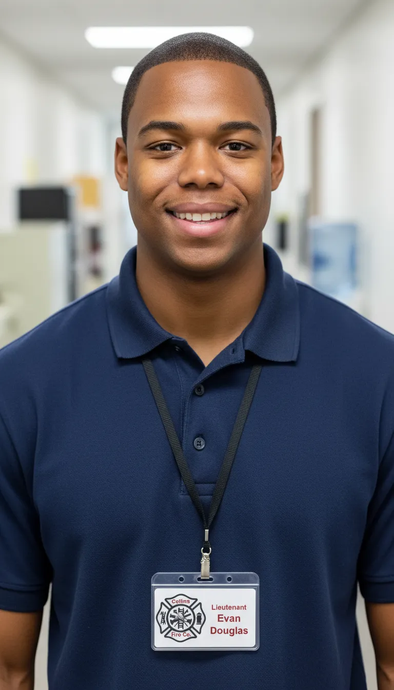 Blue and white id card with holographic overlay, featuring logo, text fields, and barcode.