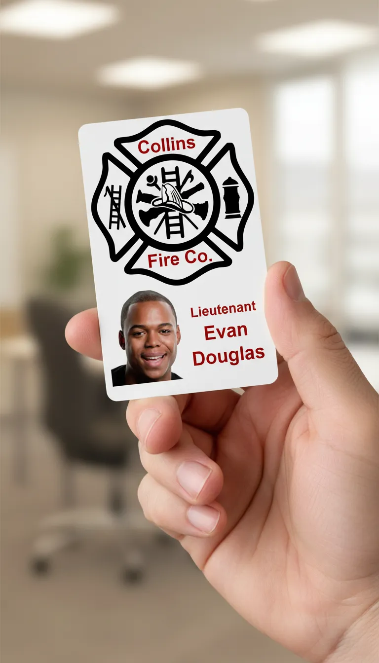 Custom ID card with red and white design, logo area, name, title, barcode, and contact details.