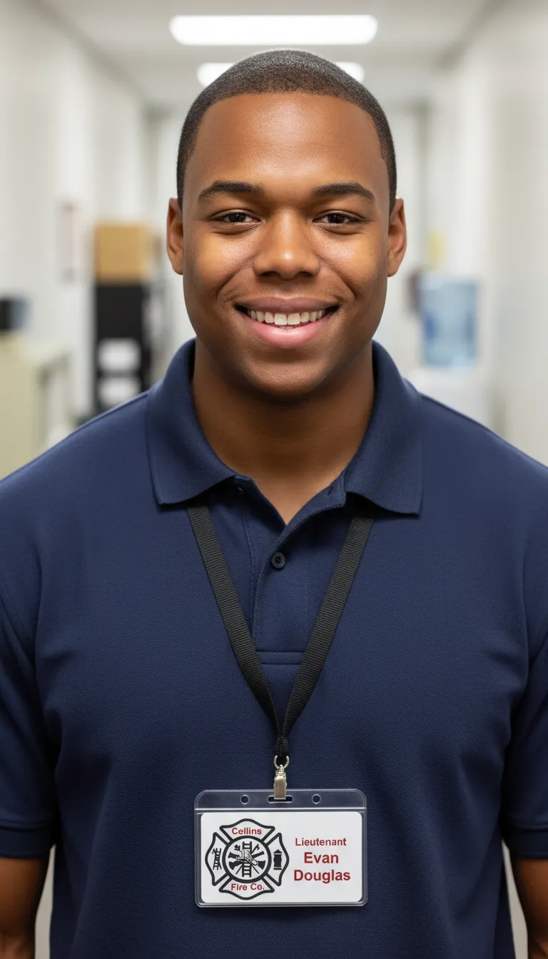 Durable ID card with red and white design, featuring logo, text fields, and barcode.