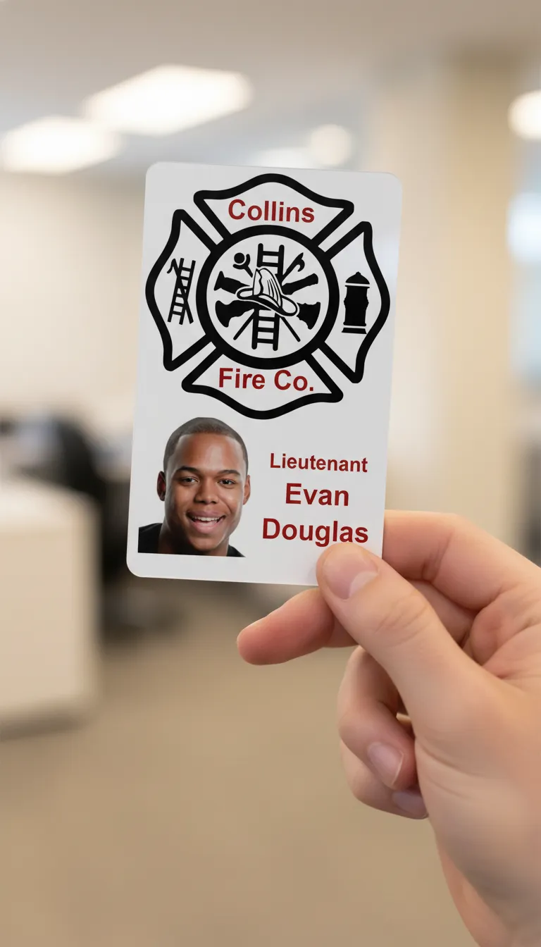 Professional ID badge with red and white design, company logo, name, title, and barcode.