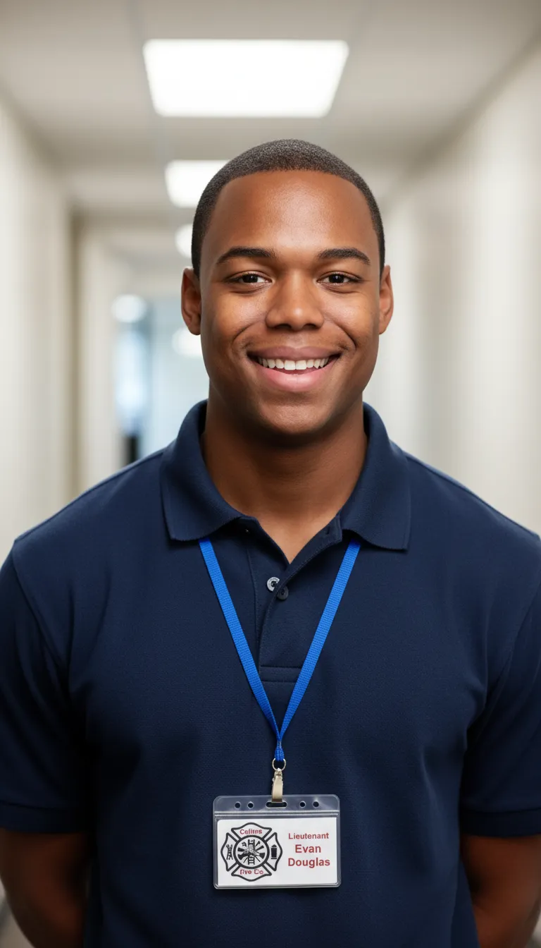 Professional ID card with red and white design, company logo, name, and barcode visible.