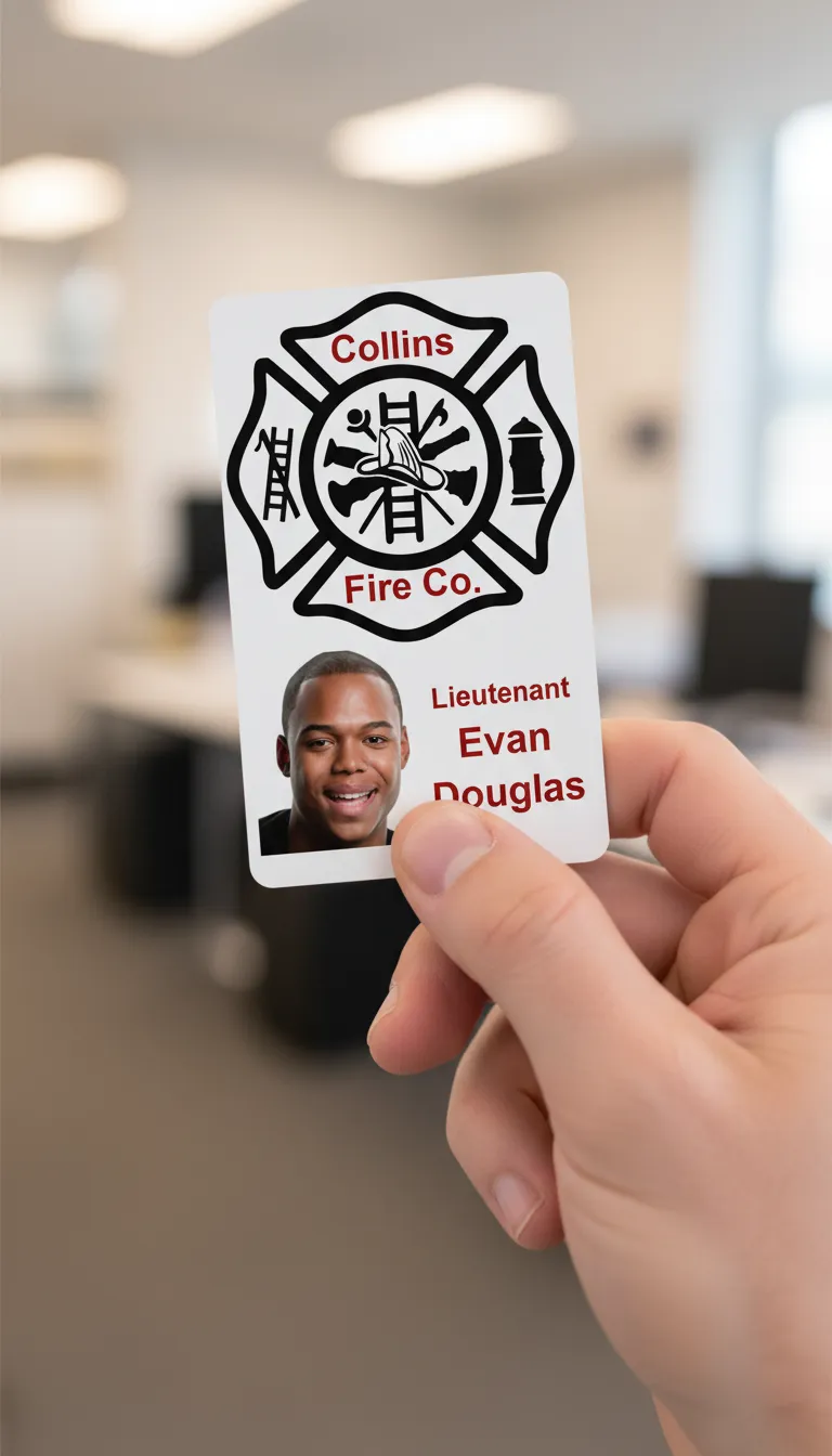 Professional ID card with red and white design, company logo, name, title, and barcode.