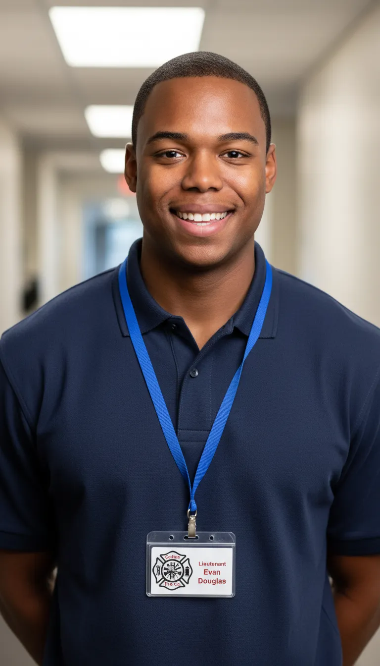 Professional ID card with red and white design, featuring name, title, barcode, and company logo.