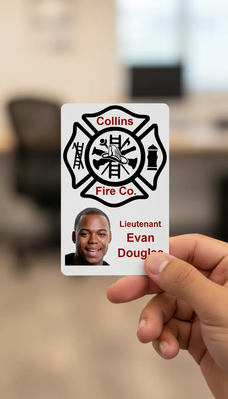 Red and white id card with holographic overlay, featuring text fields and a circular logo area.