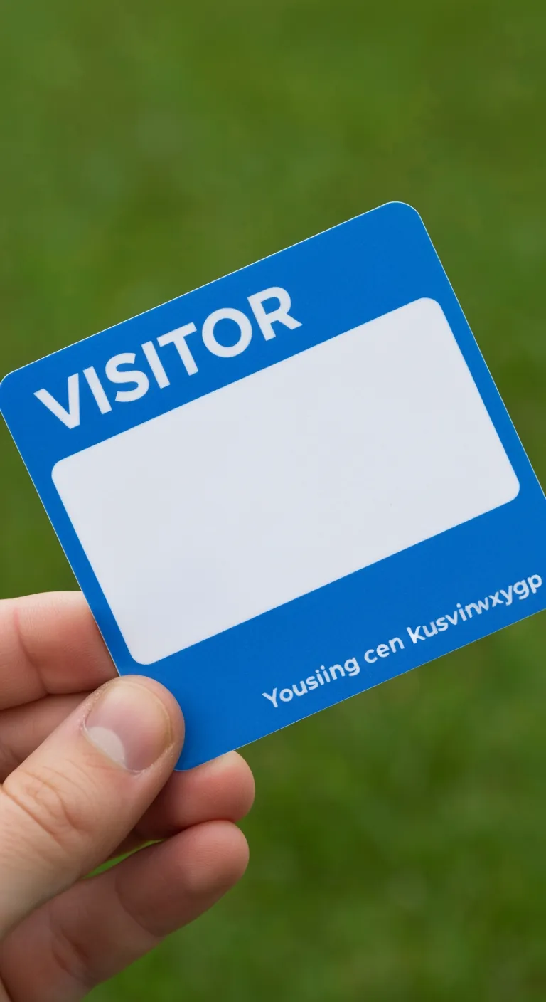 Blue and white custom ID card for visitors, held by hand, green blurred background.